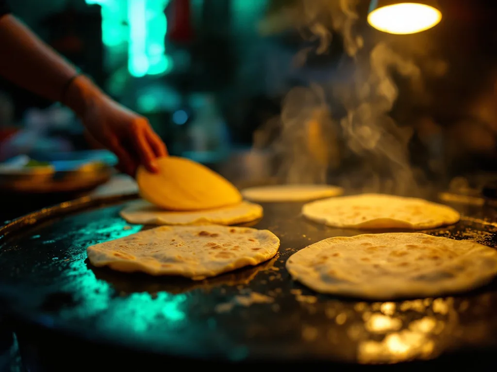 Tortillas de maíz calentándose sobre un comal bajo luz verde neón