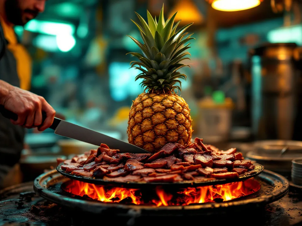 Trompo de carne al pastor girando junto al fuego, con una piña en lo alto