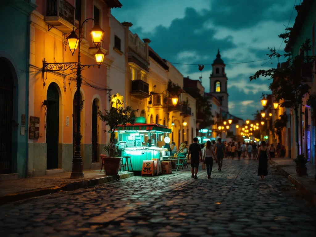 Calle colonial de Mérida al anochecer con fachadas de colores y luz cálida