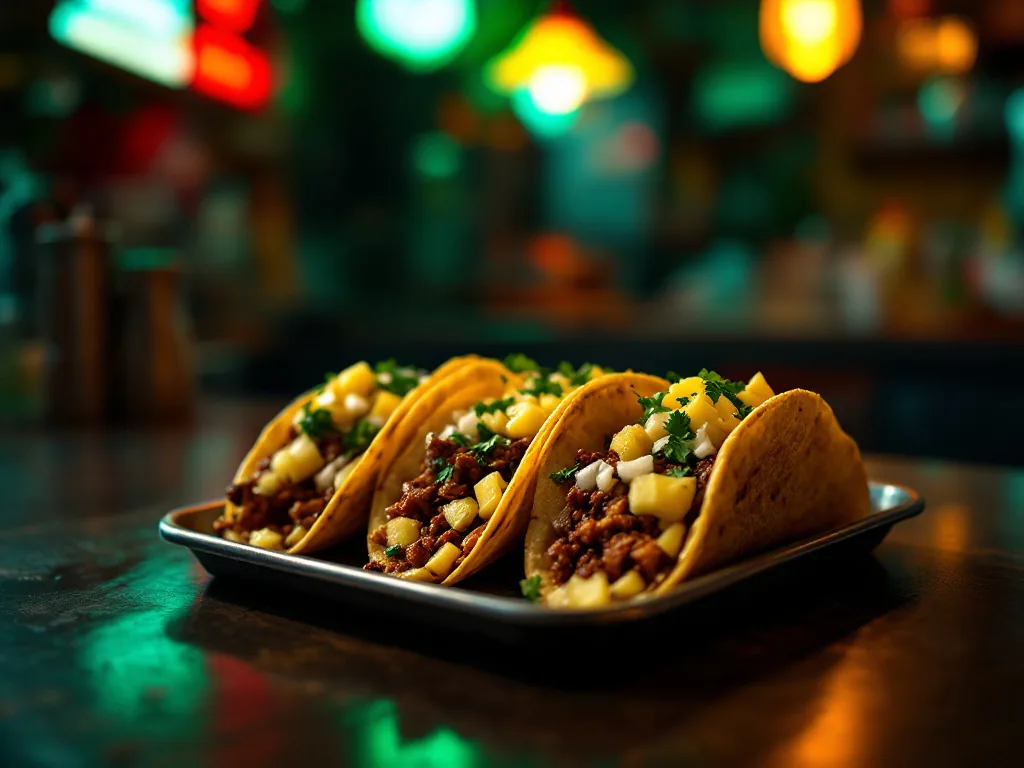 Tres tacos al pastor en una bandeja bajo luz verde neón
