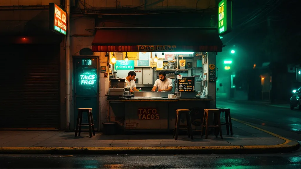 Barra de una taquería pequeña de noche con luz verde neón